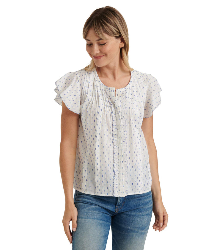Lucky Brand Damen Flutter Sleeve Crew Neck Poet Top Bluse S Blau/Mehrfarbig, S Blau/Mehrfarbig