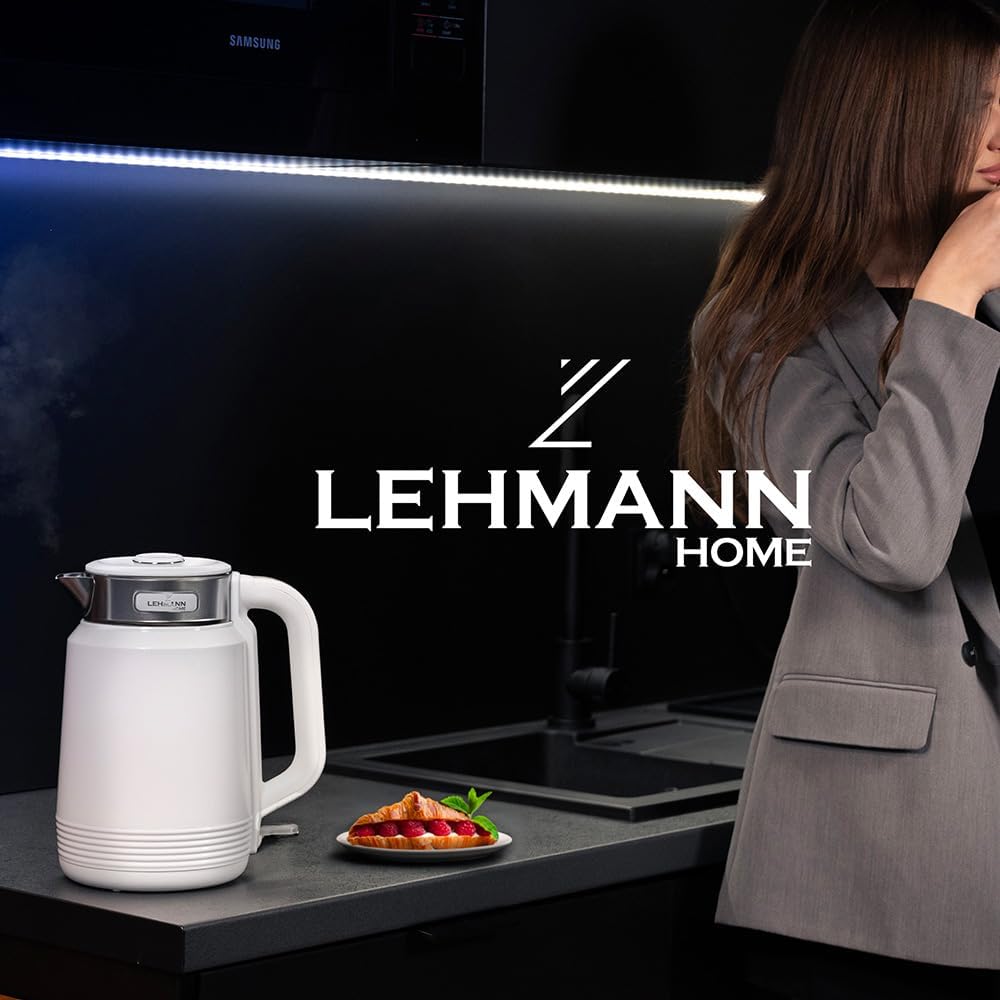 LEHMANN Elektrischer Wasserkocher Edelstahl 2L, 2200W, Schnelles Aufheizen, Doppelwand Design, 360°