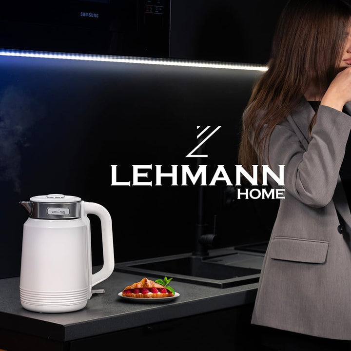LEHMANN Elektrischer Wasserkocher Edelstahl 2L, 2200W, Schnelles Aufheizen, Doppelwand Design, 360°