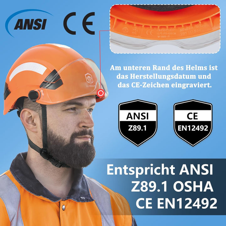 Bauhelm mit Visier und Belüftungslöcher, ANSI Z89.1 zugelassene bauhelme Erwachsene, EN397 und EN124