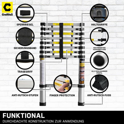 𝐂𝐑𝐀𝐅𝐓𝐅𝐔𝐋𝐋 Aluminium Teleskopleiter CF-101A | 𝟑 𝐉𝐀𝐇𝐑𝐄 𝐆𝐀𝐑𝐀𝐍𝐓𝐈𝐄 - Ausziehleiter - Tragetasche - Alu Le