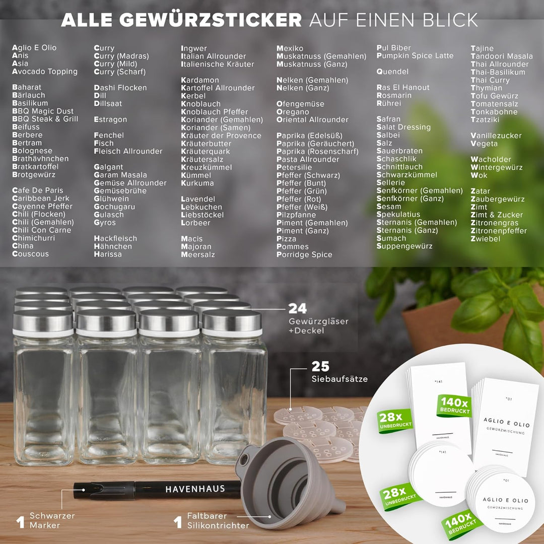Gewürzgläser Set | hochwertiges Komplettset aus 24x Gewürz Gläser [120ml] inkl. 336 deutschen Gewürz