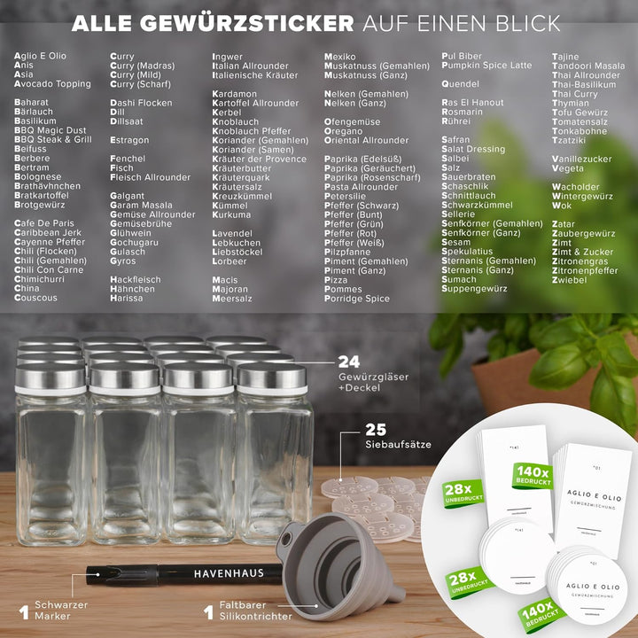 Gewürzgläser Set | hochwertiges Komplettset aus 24x Gewürz Gläser [120ml] inkl. 336 deutschen Gewürz