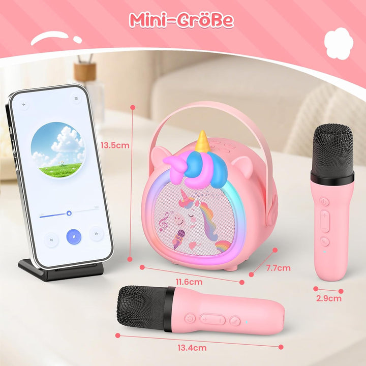 Kinder Karaoke Maschine mit 2 kabellosen Bluetooth Mikrofonen, Kompaktes Einhorn Musikspielzeug mit