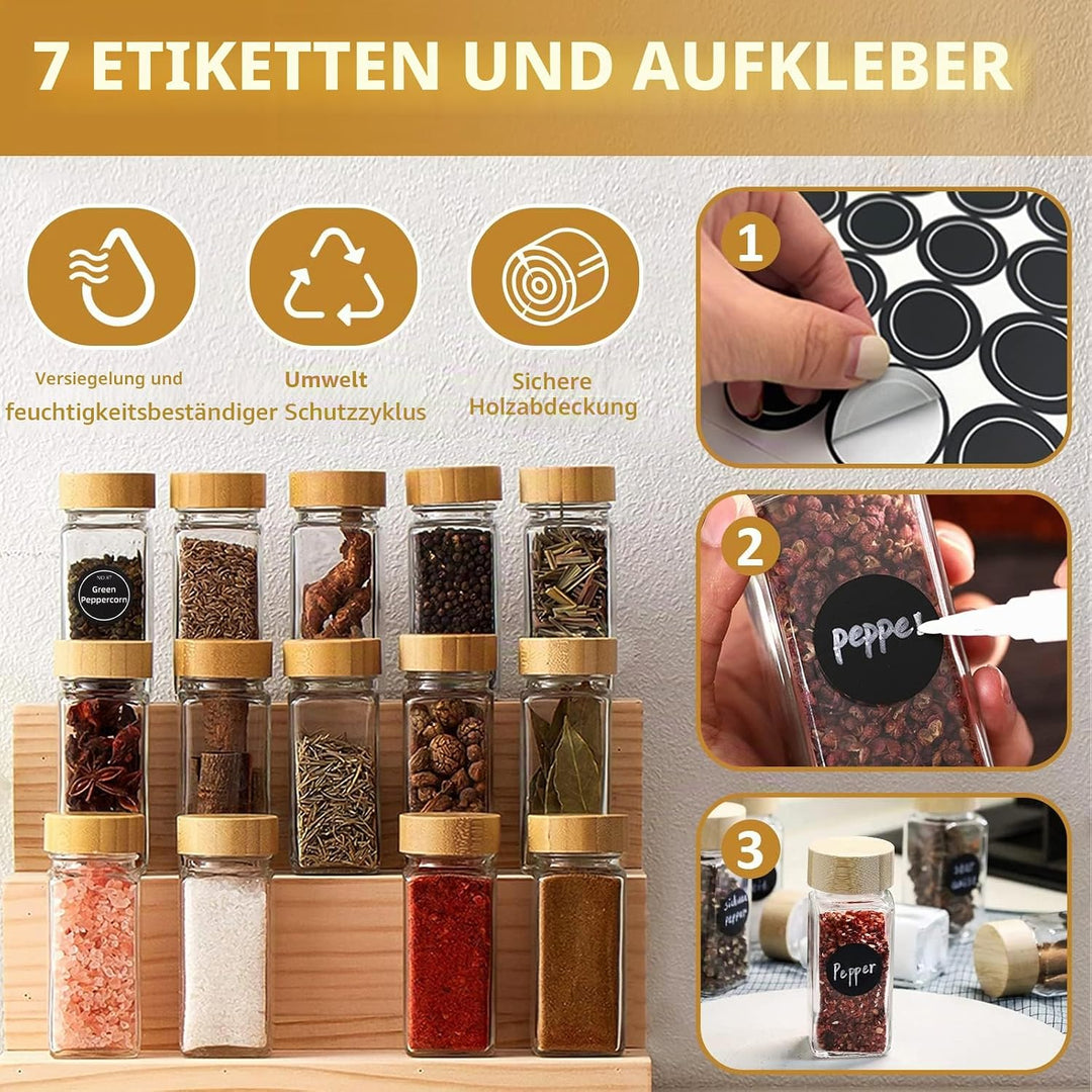 Gewürzgläser 24 Stück Set mit Gewürzetiketten,Quadratische 120 ml Gewürzdosen mit Trichter,Streueins