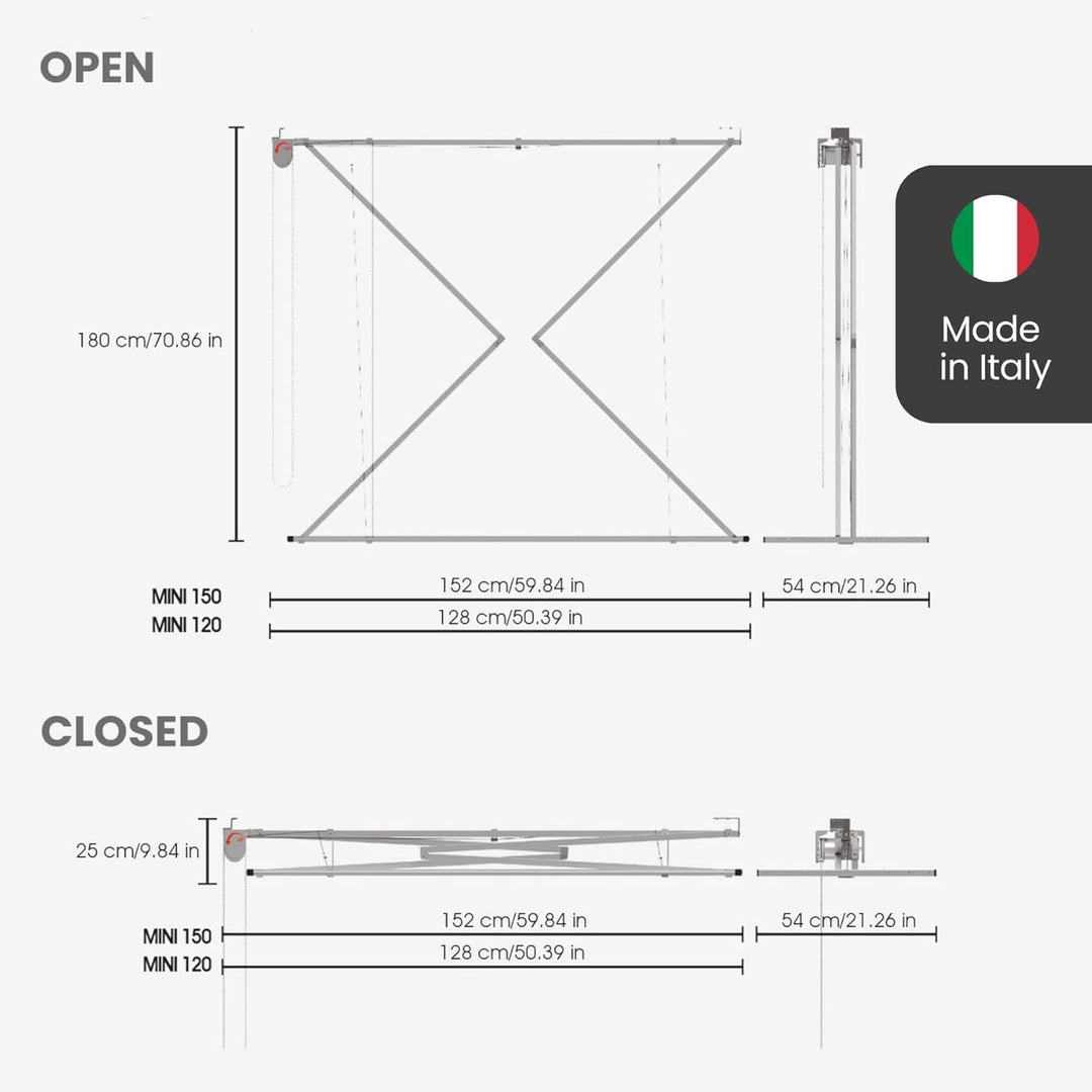 Foxydry Mini Deckenständer, vertikaler Wäscheständer, zusammenklappbar in Aluminium und Stahl 152x54