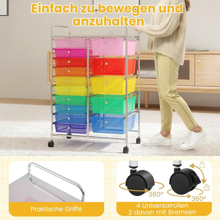COSTWAY Rollwagen mit 15 stapelbaren Schubladen, Schubladenwagen Rollcontainer mit Metallgestell & A
