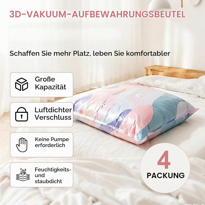 No‑Pump Vacuum Storage Bags, 4 Stücks Vakuumbeutel Ohne Pumpe, Vakuum-Aufbewahrungsbeutel Ohne Pumpe