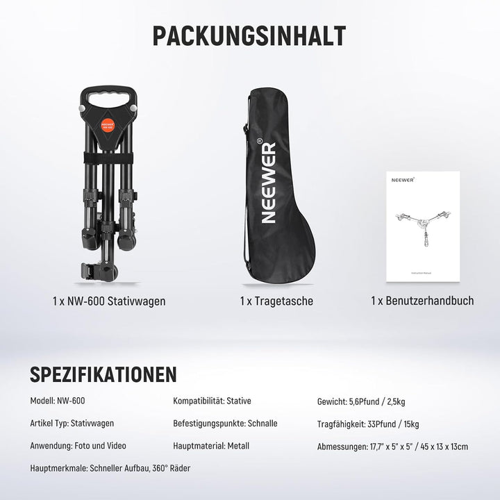 Neewer Fotografie Professionell Schwerlast-Stativ Dolly mit Gummi-Räder und verstellbaren Beinbefest