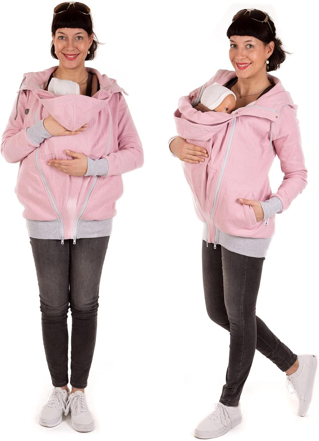 Viva la Mama 3in1 leichte Tragejacke für Mama und Baby, Umstandsjacke - CLEO XS Rosa - Vorn und Hint