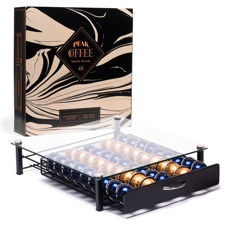 Peak Coffee Nespresso Vertuo Kaffeekapsel Tablett - Organizer &amp; Kaffee Maschinenständer mit Glasdeck
