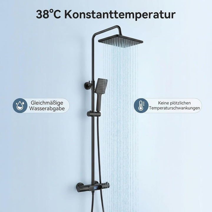 YOOZENA Duscharmatur Schwarz, Duschsystem mit Thermostat, 26x19cm Kopfbrause, Duschkopf mit Schlauch