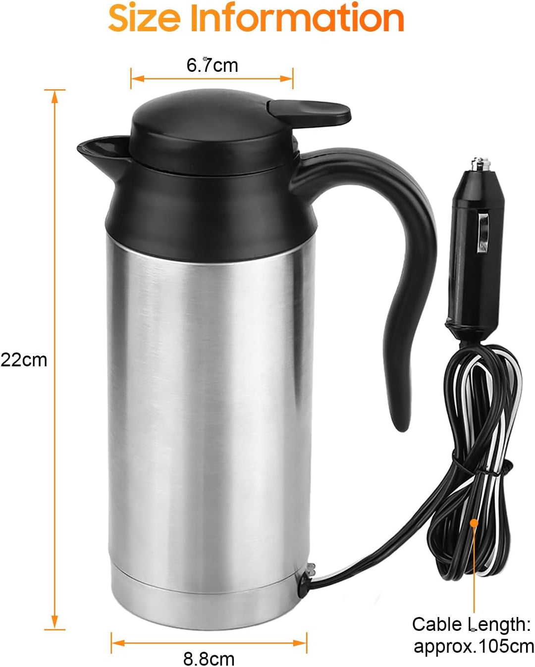 Auto Wasserkocher 12V 120W 750ml Edelstahl Reisewasserkocher Autowasserkocher mit Zigarettenanzünder