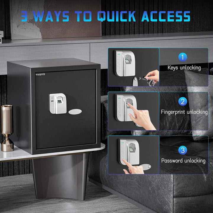 WASJOYE 38.08L Fingerabdruck Tresor Safe, Gross Tresor mit Zahlenschloss, Biometrischer Möbeltresore