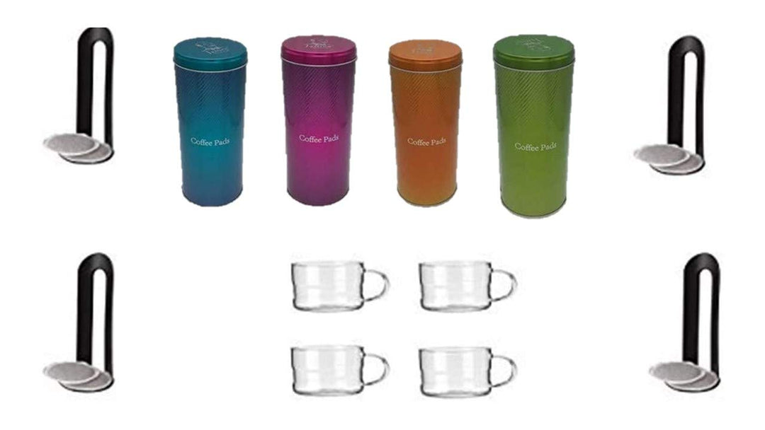 mycoffeetime Coffee Pad Box, Metallic +4 Padlifter + Muttertag Aktion + 4 Gläser mit Henkel 200ml