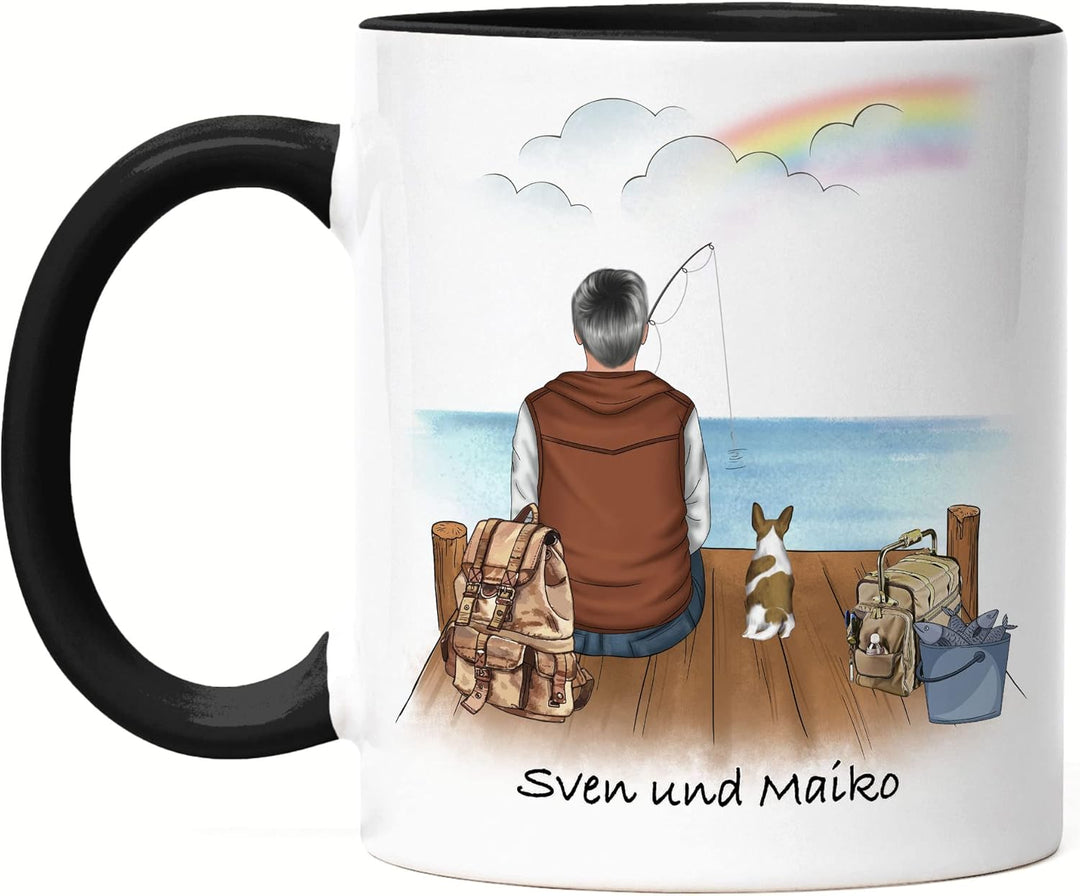 Angler & Hund Tasse Schwarz Personalisiert Individuell mit Name Angeln Fischen Geschenk Opa Vater zu