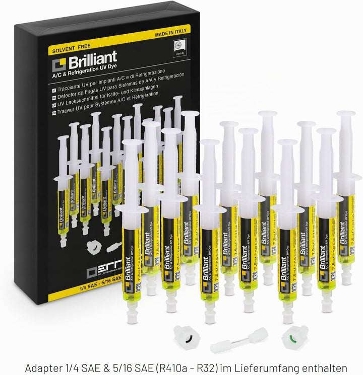 ERRECOM Brilliant - 12 x 7,5 ml, UV-Fluoreszenz-Tracer zum Aufspüren von Kältemittellecks in Autokli