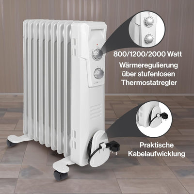 Clatronic RA 3736 9 Rippen-Ölradiator, mobiler Heizkörper, 2000 Watt, stufenloser Thermostatregler,