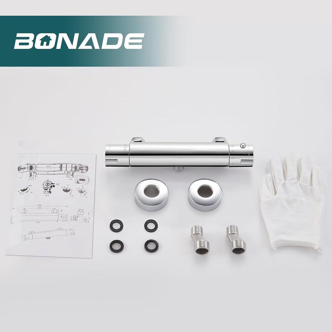 Duscharmatur mit Thermostat, Aufputz Mischbatterie Dusche mit 38°C Sicherheitstaste, Chrom Thermosta