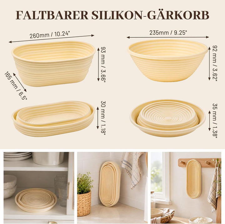Dhapy Sauerteig Starter Set 12-tlg faltbares Silikon-Gärkörbchen | Brotbackset für Anfänger: rund 23