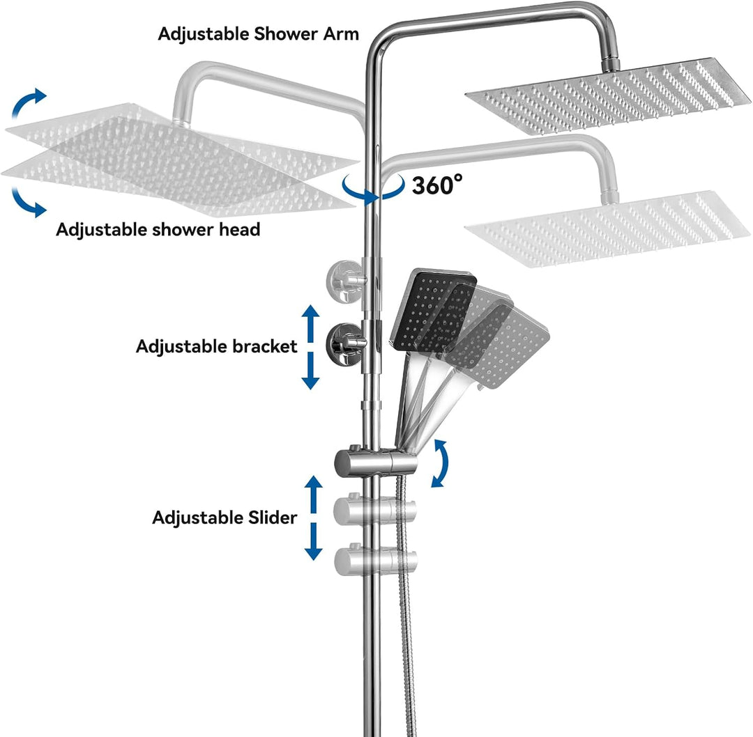 Auralum Thermostat Regendusche Komplettset Chrom Edelstahl mit 30cm Überkopfbrause, Höhenverstellbar