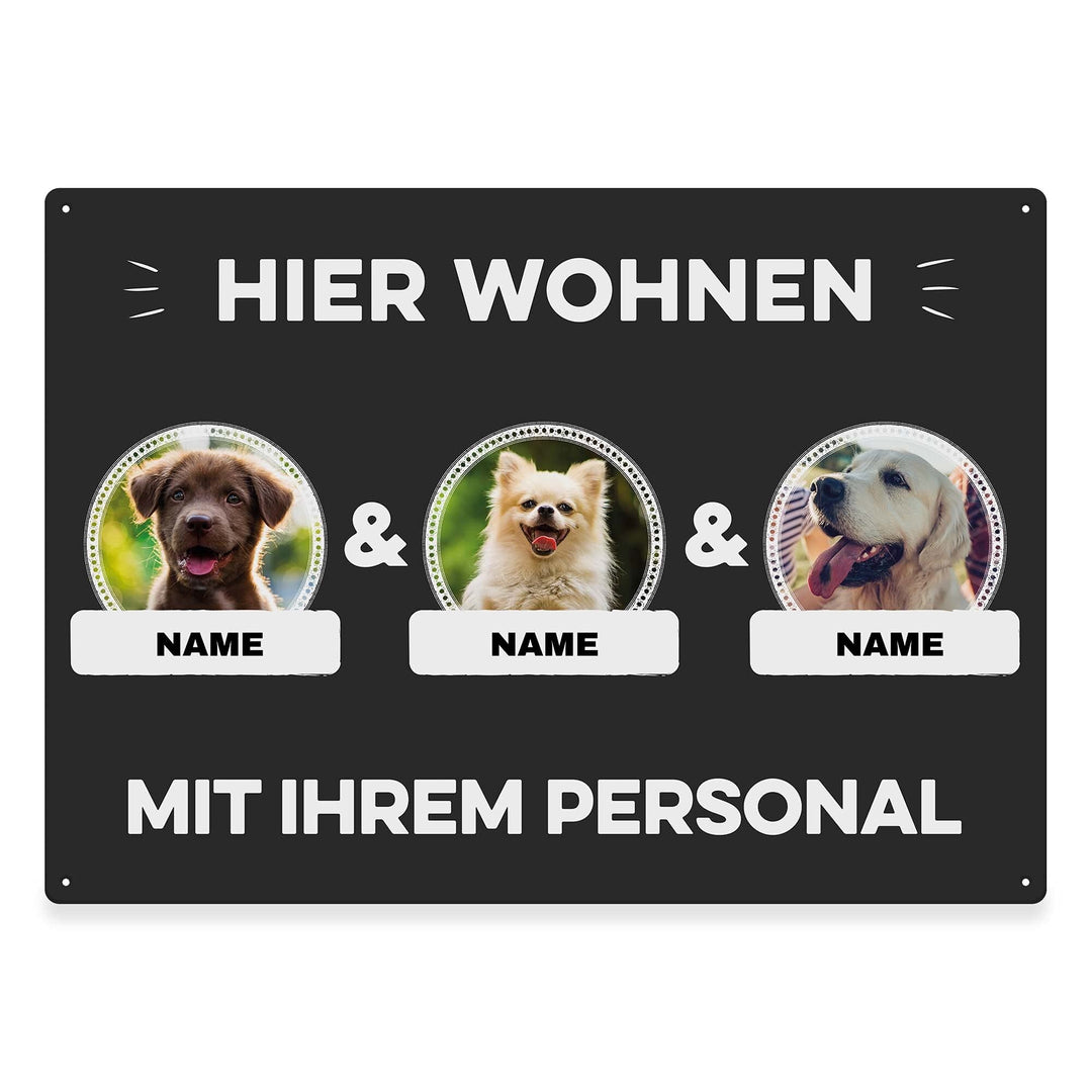 Hunde Schild personalisiert - Hier wohnt mit Personal - Metallschild mit Foto und Name für aussen, w