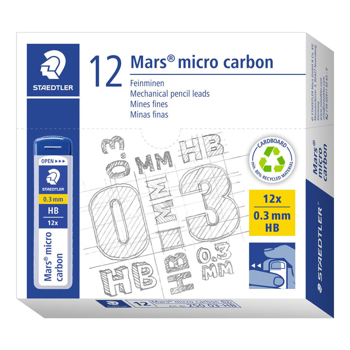 STAEDTLER 250 03-HB Mars Micro Feinminen, Minendurchmesser 0.3 mm, HB, 12 Stück, graphitgrau, 0,3 mm
