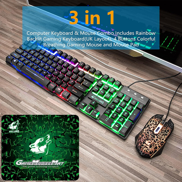 Gaming Tastatur Headset & Maus Set, 104 Tasten Rainbow Backlit UK Layout Tastatur 2400DPI Maus 7.1 S