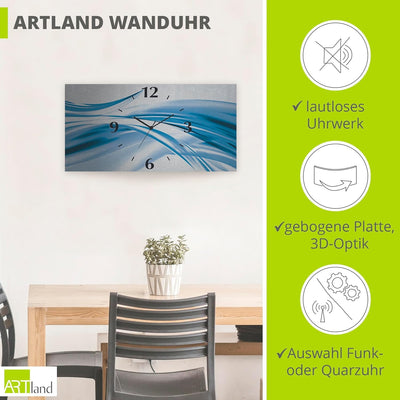 ARTLAND Wanduhr ohne Tickgeräusche Alu Quarzuhr 50x25 cm Eckig Lautlos 3D Design Welle Abstrakt Mode