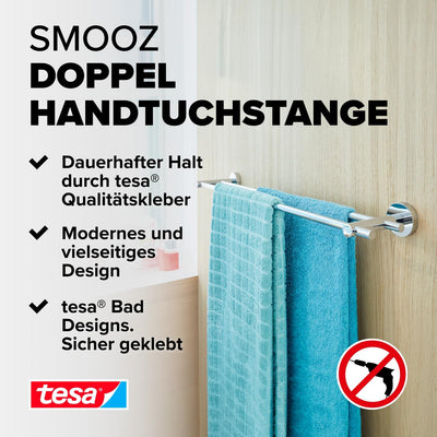 tesa SMOOZ Doppel-Handtuchstange, verchromt - Badetuchhalter mit 2 Stangen - zur Wandbefestigung ohn