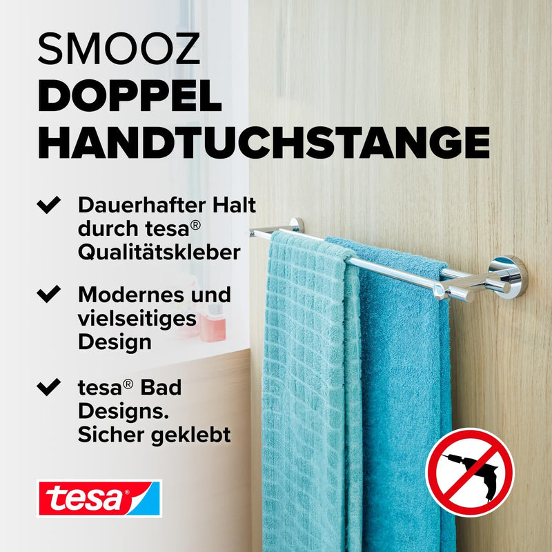 tesa SMOOZ Doppel-Handtuchstange, verchromt - Badetuchhalter mit 2 Stangen - zur Wandbefestigung ohn