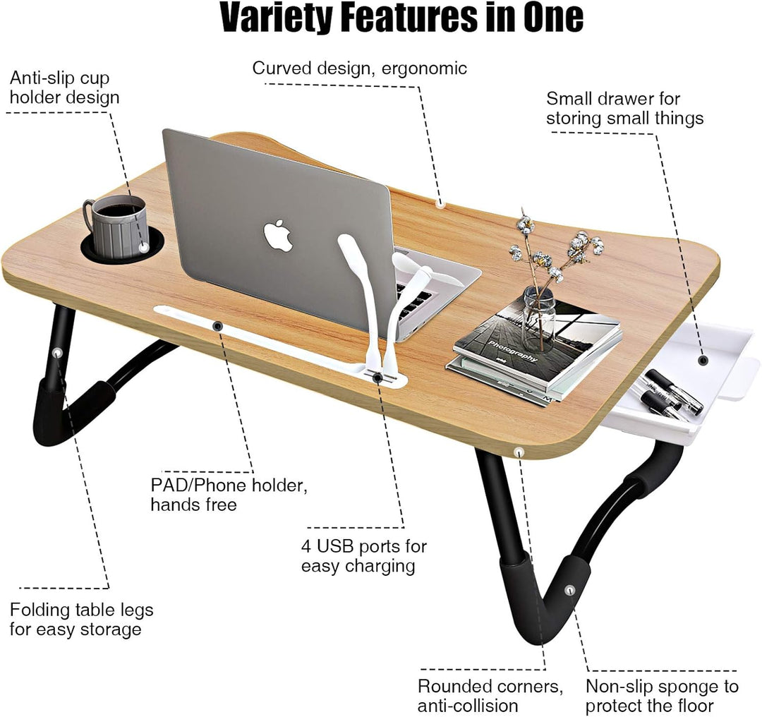 A3A ACADGQ Laptoptisch, Laptop Betttisch Klappbar, Notebook Tisch mit 4 USB Ladeanschluss, Schublade