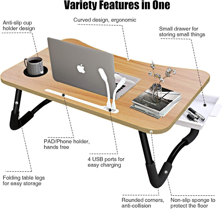 A3A ACADGQ Laptoptisch, Laptop Betttisch Klappbar, Notebook Tisch mit 4 USB Ladeanschluss, Schublade