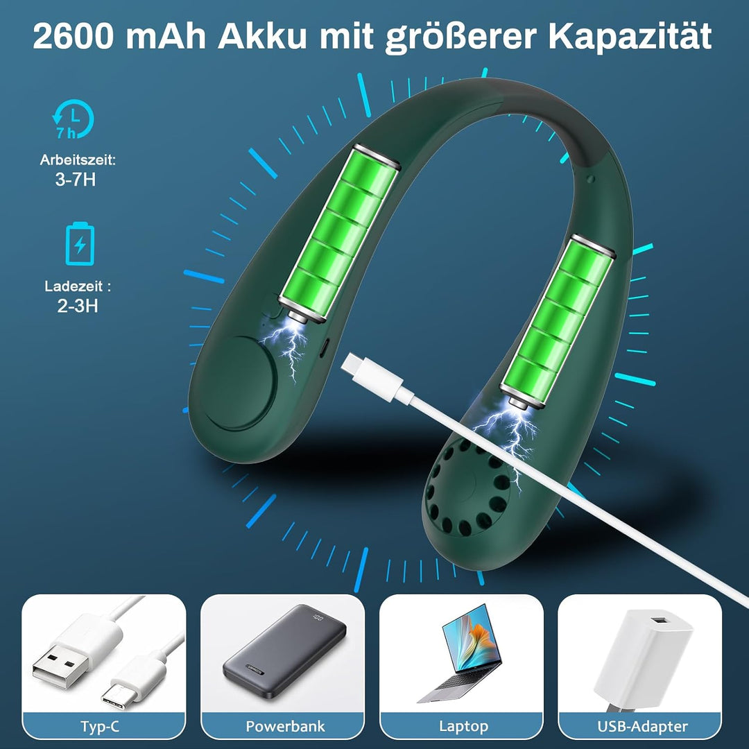 Tragbarer Nackenventilator ohne Flügel, 3 Geschwindigkeiten, 2600mAh Akku, USB-Aufladbar, Leiser Min