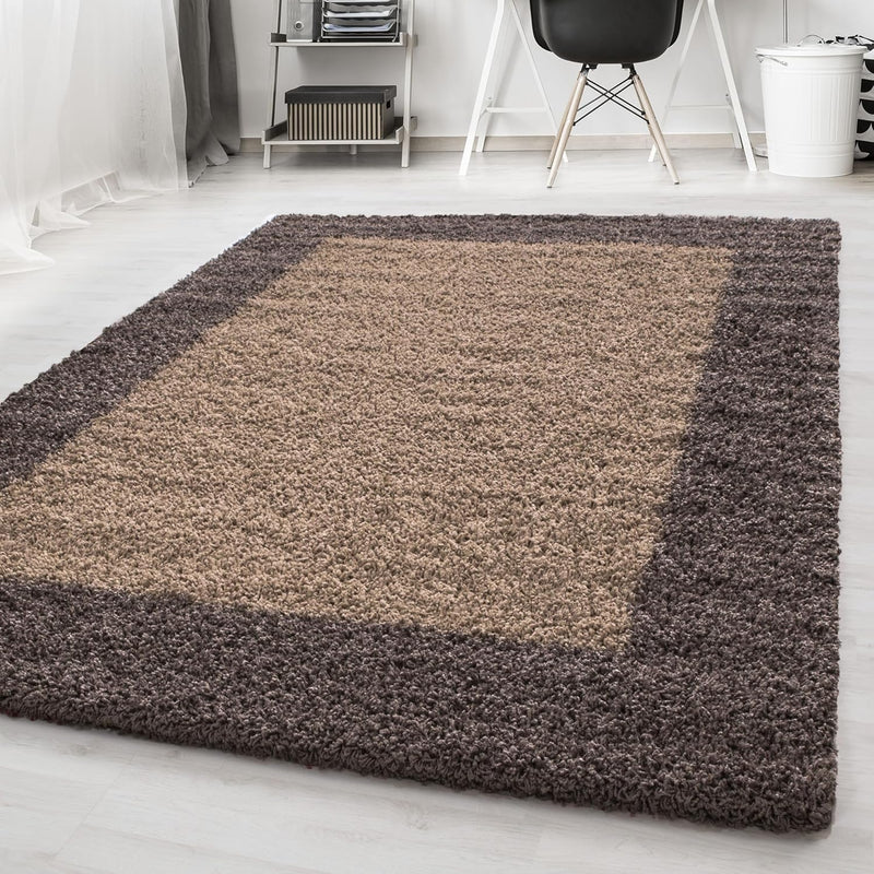 HomebyHome Teppich Wohnzinmer Shaggy Hochflor Taupe Läufer 100x200 cm Bordüre Design - Flauschiger T