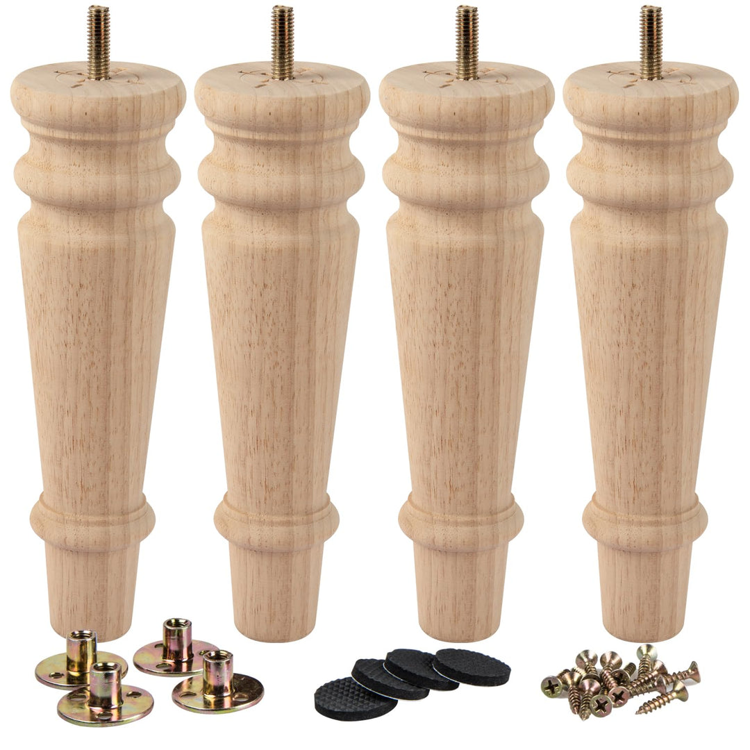 LA VANE 4 Stück Möbelfüsse aus Massivholz - 20cm Höhe, Unlackiert, Spindelform mit M8 Bolzen & Monta