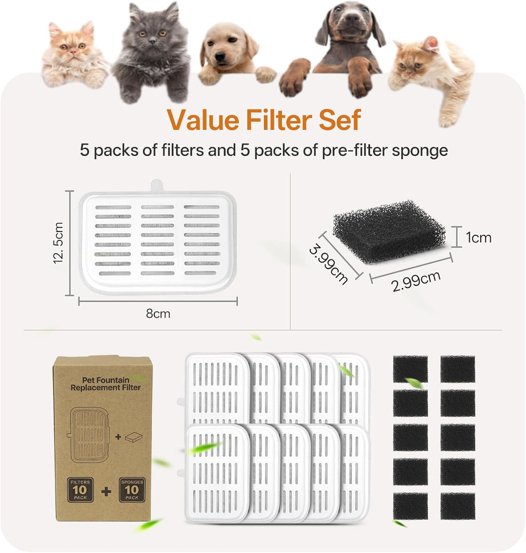 Katzenbrunnen Filter, 10 Stück Katzenbrunnen Filter und 10 Stück Schwämme für 3L EVERWEET MAX Katzen