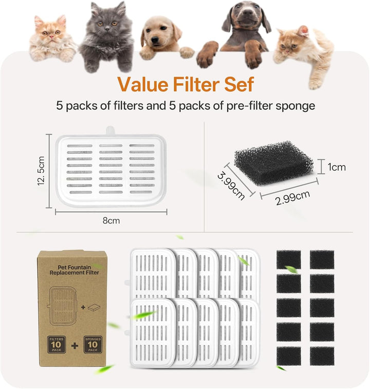 Katzenbrunnen Filter, 10 Stück Katzenbrunnen Filter und 10 Stück Schwämme für 3L EVERWEET MAX Katzen