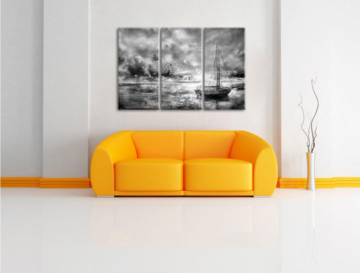 Pixxprint Monocrome, Schönes Gemälde eines Bootes 3-Teiler Leinwandbild 120x80 Bild auf Leinwand