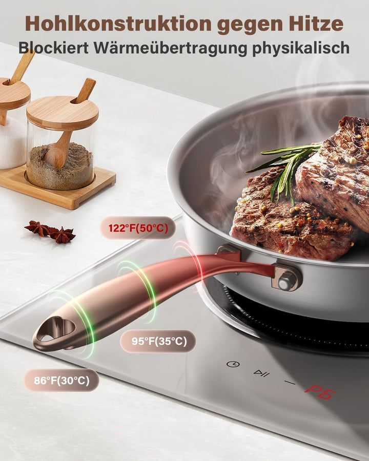 Edelstahlpfanne 28cm unbeschichtet, Titan Pfanne Induktion, 18/10 Edelstahl Bratpfanne mit Roségoldg