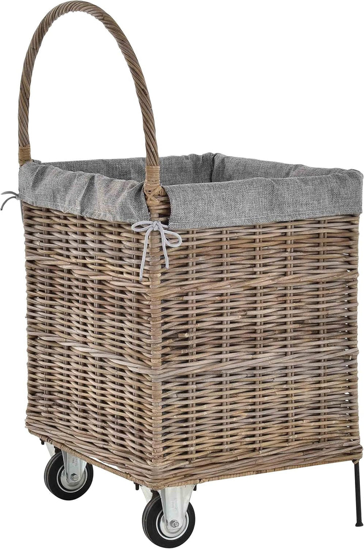 Holzwagen/Kaminholzwagen aus Rattan-Naturrohr/Stabiler Eisenrahmen / 54x44x95 mit Stoffinlett