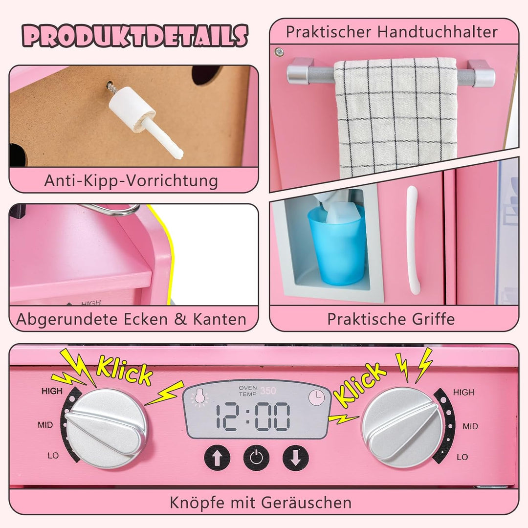 COSTWAY Kinderküche mit 10 Spielzubehör, Spielküche Kinder mit Tafel, Spielzeugküche mit Mikrowelle