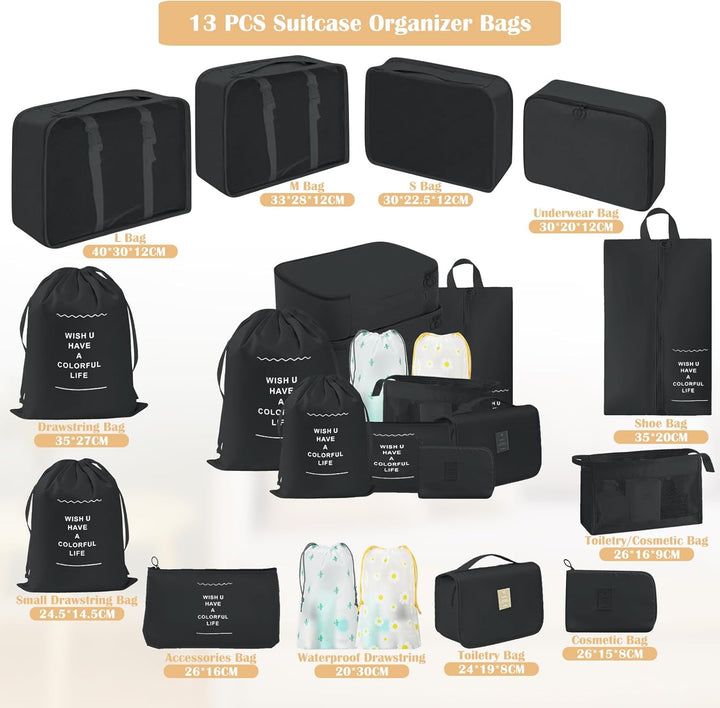 13 Stück Koffer Organizer Set, Schwarz Packing Cubes, Wasserdichte Kofferorganizer für Urlaub und Re