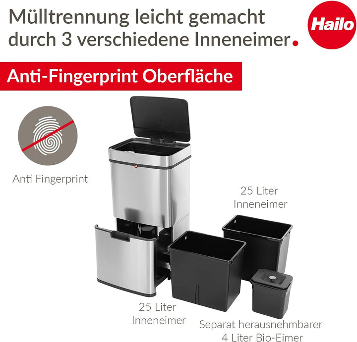 Hailo Öko Vario XL, Mülltrenner, Vollautomatische Deckelöffnung durch Sensortechnik, 50 Liter, 0656-