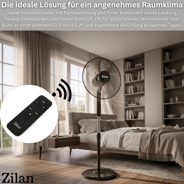 Zilan Standventilator Ø43cm leise mit Fernbedienung & Timer – 48W Leistungsstarker Ventilator energi