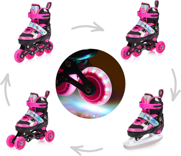 meteor verstellbare 4‑in‑1 Kinder Inline-Skates – Rollschuhe Inliner Schlittschuhe – ABEC‑7 PU‑Räder