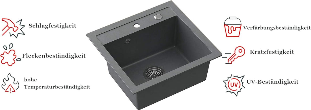 VBChome Spülbecken + Armatur 50 x 47 cm Grau Spüle Einzelbecken Küche Einbauspüle Verbundspüle Küche