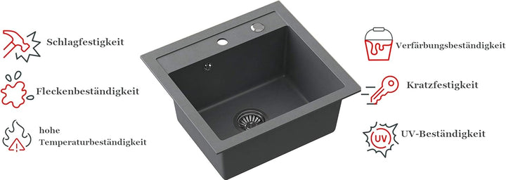 VBChome Spülbecken + Armatur 50 x 47 cm Grau Spüle Einzelbecken Küche Einbauspüle Verbundspüle Küche