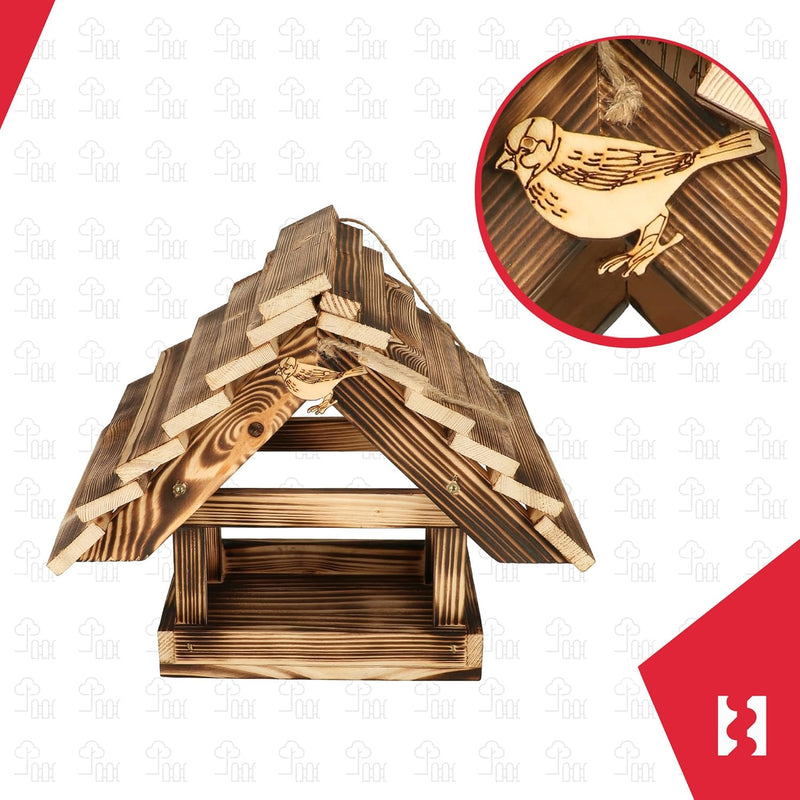 KOTARBAU® Holz-Vogelfutterhaus aus Gebranntem Holz zum Aufhängen + 0,5 kg Futter Gratis