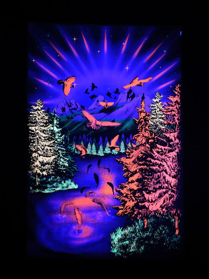PSYWORK Schwarzlicht Stoffposter Neon | Chromadepth 3D Mountain Lake View | 1,5 x 2,25m | UV-aktiv |